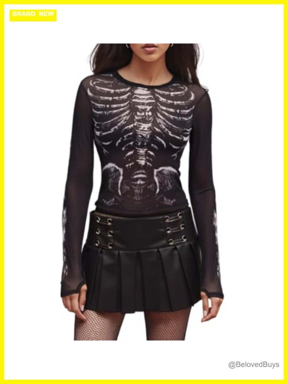 Women Skeleton Print Mesh Crop Top Gothic Sheer Long Sleeve Tee
